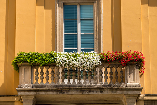 Italian flag coloured Flowers in Italian balcony in Milano, Italy