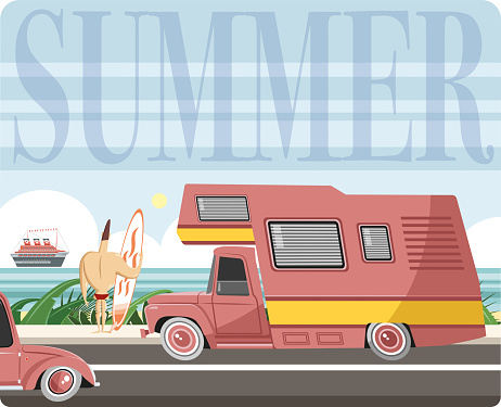 Easy editable vintage 
caravan and surfer vector illustration.
All elements was layered seperately...