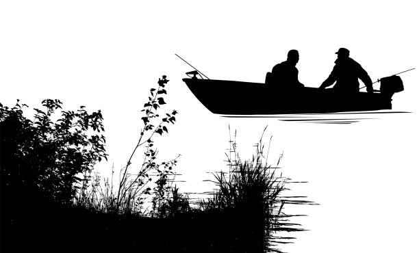 Early Sunday Fishing Two friends sitting in a fishing boat close to the shoreline river clipart stock illustrations