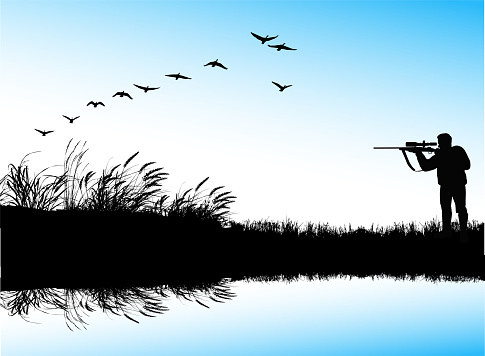 Man hunting near wetlands, silhouette illustration