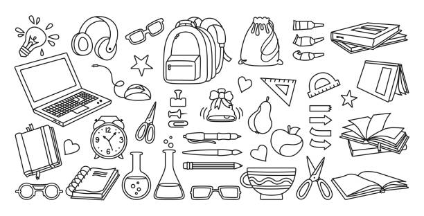 Back to School doodle sketch cartoon set vector Back to School doodle sketch cartoon set. Learning school flat icon line collection. First day of school equipment, Education concept icon kit. Scissors, laptop, glasses book backpack, paints vector school supplies stock illustrations