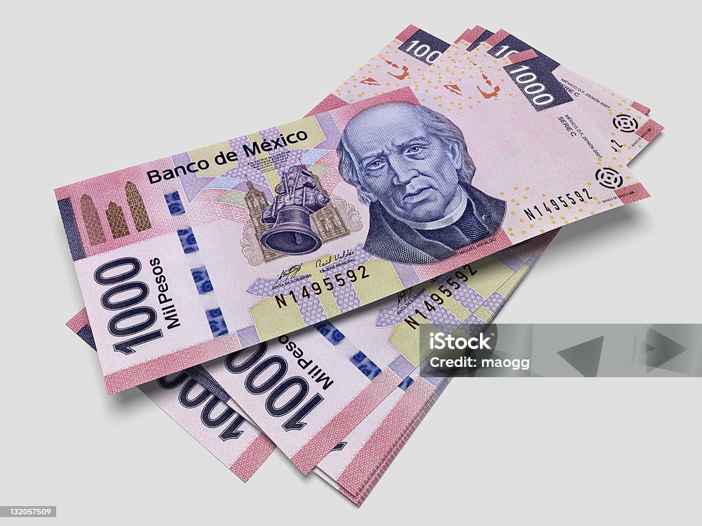 Some bills of one thousand Mexican pesos 3D render of one thousand pesos bills with sharp focus. Mexico Stock Photo