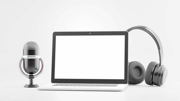 istock 3d render of laptop microphone headset with padcast concept for your mockup 1320577428