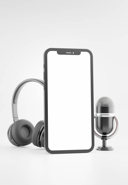 istock 3d render of smartphone microphone headset with padcast concept for your mockup 1320577431