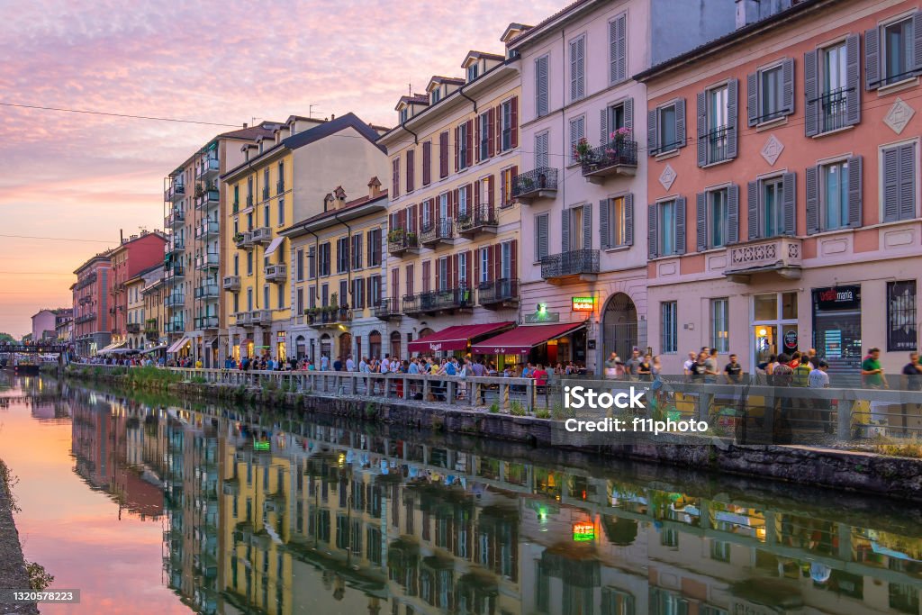 View of the crowded Naviglio Grande district in Milan Milan, Italy - June 12, 2017: View of the crowded Naviglio Grande district in Milan Milan Stock Photo