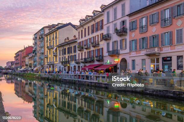 View Of The Crowded Naviglio Grande District In Milan Stock Photo - Download Image Now