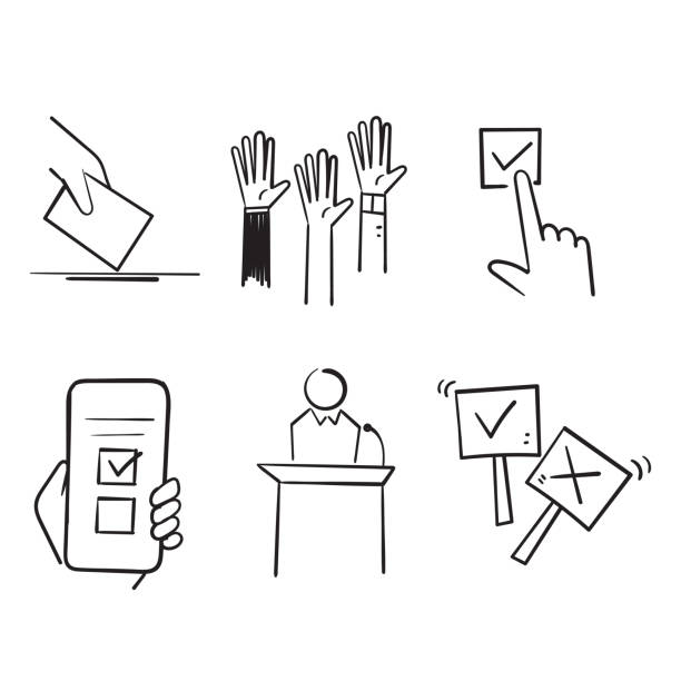 ilustrações, clipart, desenhos animados e ícones de doodle desenhado à mão simples conjunto de ícones de linha vetorial relacionado à votação - voting usa button government