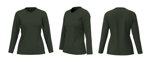 istock Women's v-neck t-shirt mockup in front, side and back views 1320584020