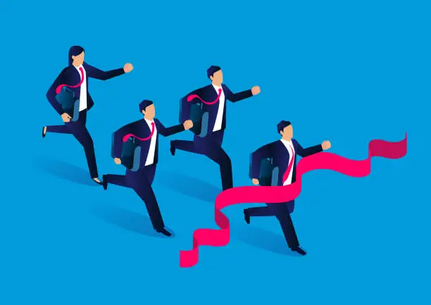 Vector illustration of Isometric group of business people running, business people running fast across the finish line and tearing the red ribbon