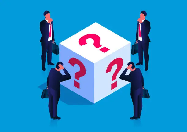 Vector illustration of Guess and doubt, isometric businessman standing and thinking about things inside a box with question marks