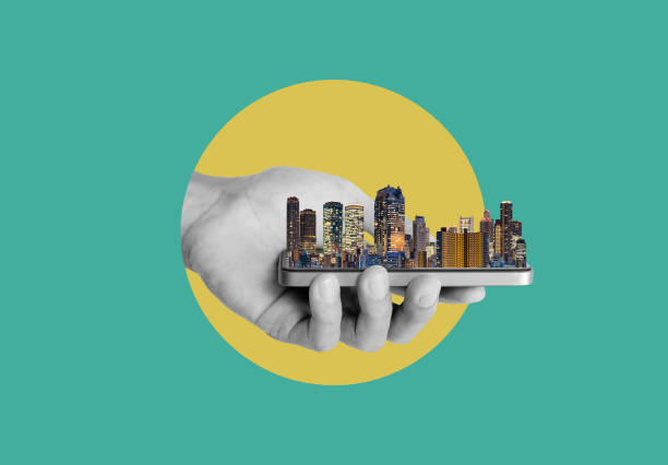 Digital collage modern art. Hand holding modern buildings