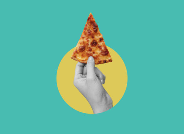 istock Digital collage modern art. Hand holding slice of cheese pizza 1320590922