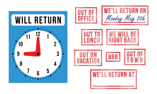 Out of Office Rubber Stamps Lunch Break Workplace Work Ethic Office, workplace, work ethic rubber stamps: Will Return, Out of Office, Out on Vacation, Out of Town, BRB, We'll be Right Back, Out to Lunch. after work stock illustrations