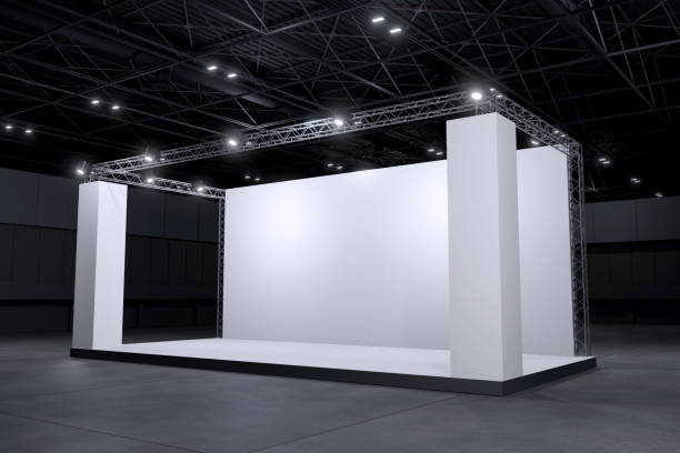 istock Exhibition standing for mockup and Corporate identity. Retail booth design elements in Exhibition hall .3d render. 1320592883