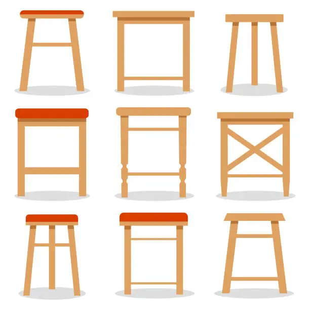 Vector illustration of Stool, set of wooden stools on a white background. Vector illustration. Vector.