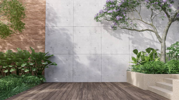 Empty exterior concrete wall with tropical style garden 3d render stock photo