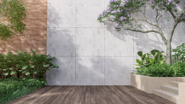Empty exterior concrete wall with tropical style garden 3d render Empty exterior concrete wall with tropical style garden 3d render,decorate with tropical style tree ,sunlight on the wall apartment balcony garden stock pictures, royalty-free photos & images