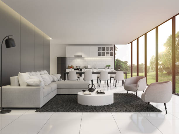 istock Modern black and white living and dining room with garden view 3d render 1320598535