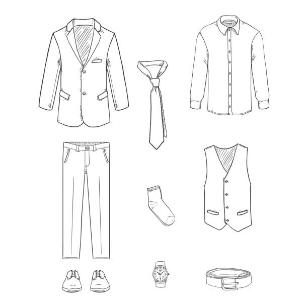 Business Style Clothes Set. Three-piece Suit Vector Illustration. Sketch Business Style Clothes Set. Three-piece Suit Vector Illustration. mens fashion stock illustrations