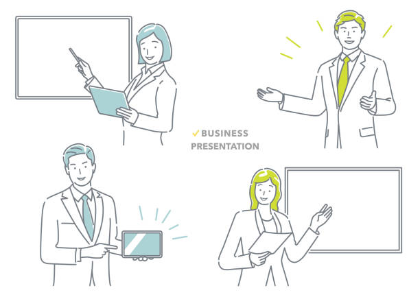 ilustrações de stock, clip art, desenhos animados e ícones de business people making a presentation, vector illustration set. - office men teacher computer