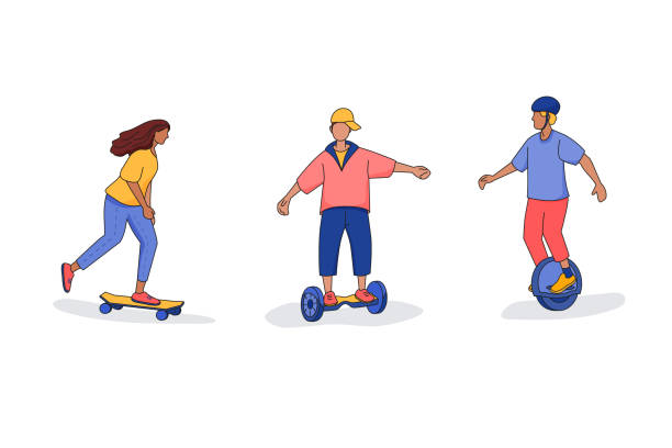 stockillustraties, clipart, cartoons en iconen met mensen gaan naar binnen voor milieuvriendelijke sportactiviteiten in de buitenlucht: skateboarden, eenwieler, hoverboard. - zelfbalancerend board