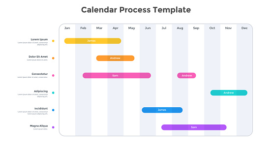 Calendar planner or timeline chart. Concept of schedule or timetable. Minimal infographic design template. Flat vector illustration for business appointment, event or task planning, scheduling.