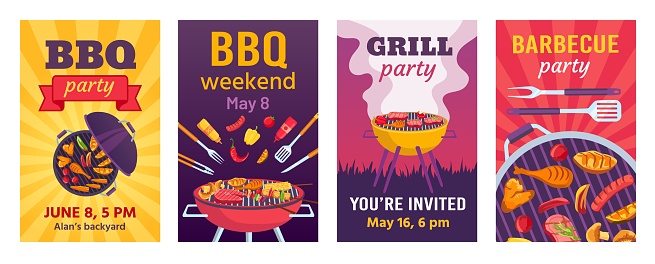Barbecue posters. BBQ party invitations for summer outdoor picnic in park or back yard with food on grill. Cookout event flyers vector set. Illustration bbq picnic poster template, grill barbecue