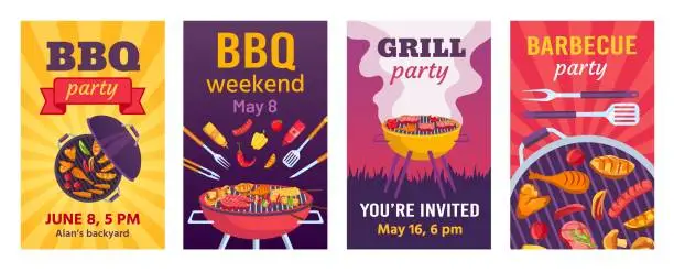 Vector illustration of Barbecue posters. BBQ party invitations for summer outdoor picnic in park or back yard with food on grill. Cookout event flyers vector set