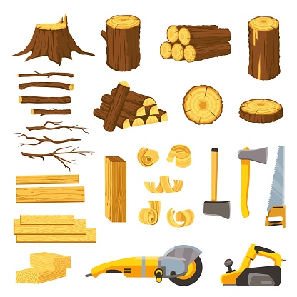 Lumber industry materials and tools. Wood planks, logs, board and tree chips. Axe, chisel, saw, grinder and belt sander. Woodwork vector set. Wooden production and cutting equipment