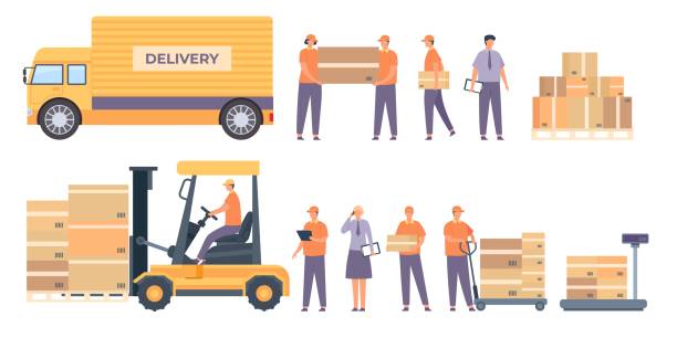 pekerja gudang dan peralatan. pria pengiriman datar dengan paket, truk, palet dengan kotak dan pekerja layanan. set vektor industri logistik - car lifting machine ilustrasi stok
