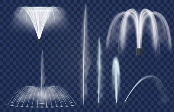 illustrations, cliparts, dessins animés et icônes de jets de fontaine. éclaboussures d’eau réalistes, sprays incurvés et geysers. fontaines cascade et combinaison. décoration d’eau pour l’ensemble de vecteur de parc - fountain