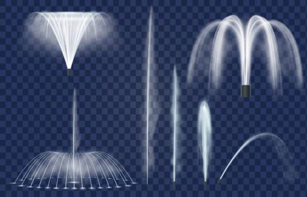jet air mancur. percikan air realistis, semprotan melengkung dan geyser. air mancur bertingkat dan kombinasi. dekorasi air untuk set vektor taman - air terjun air mengalir ilustrasi stok