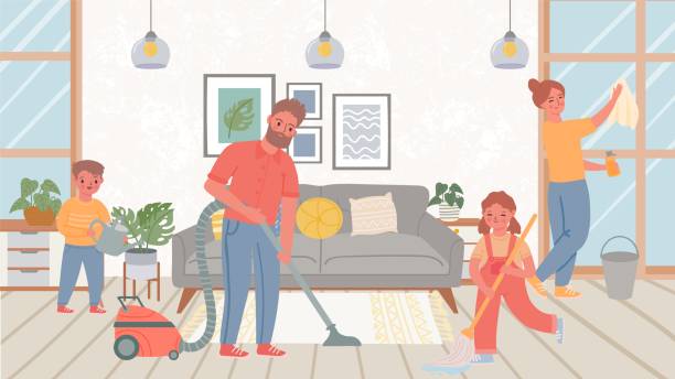 illustrazioni stock, clip art, cartoni animati e icone di tendenza di soggiorno per la pulizia della famiglia. bambini che aiutano i genitori con faccende domestiche, pavimento di lavaggio e finestre di lavaggio. concetto vettoriale di housework together - people living room mother son