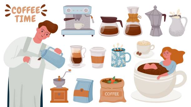 Barista and coffee maker. Tools for brewing cappuccino, espresso, cream, cups with hot breakfast drink. Coffee machine and pots vector set Barista and coffee maker. Tools for brewing cappuccino, espresso, cream, cups with hot breakfast drink. Coffee machine and pots vector set. Illustration cafe of cup, drink coffee cezve stock illustrations