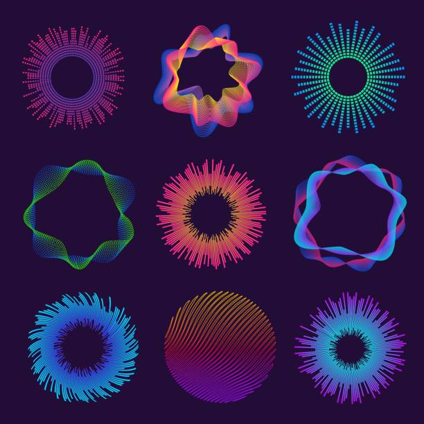 ilustrações de stock, clip art, desenhos animados e ícones de circle audio waves. neon round music soundwave for equalizer. abstract radial sound ripple particles. glowing circular line wave vector set - sound wave