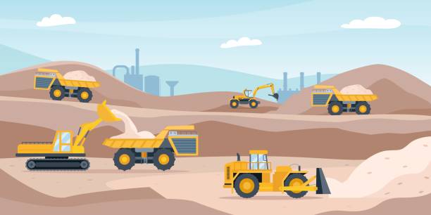 Quarry landscape. Sand pit with heavy mining equipment, bulldozer, digger, trucks, excavator and factory. Open mine industry vector concept Quarry landscape. Sand pit with heavy mining equipment, bulldozer, digger, trucks, excavator and factory. Open mine industry vector concept. Pit sand and excavator with heavy machinery illustration construction machinery illustrations stock illustrations