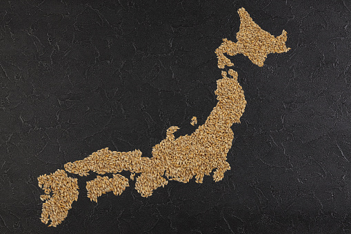 Japan map made of wheat grains isolated on black