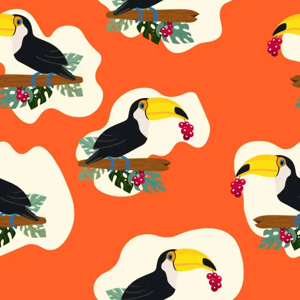 Vector illustration of Seamless pattern with cute cartoon toucan bird on branch. Vector illustration for wallpaper, fabric, textile. Summer exotic  print. Tropical toucan with floral monstera leaves