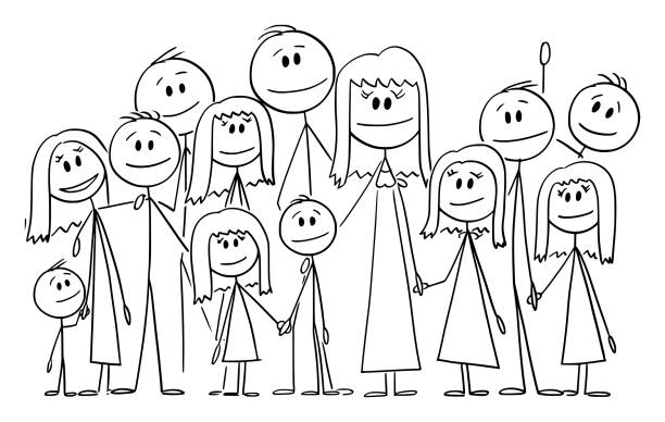 ilustrações, clipart, desenhos animados e ícones de retrato de grande família feliz com onze crianças, ilustração de figura de bastão de desenho animado vector - women heterosexual couple love men