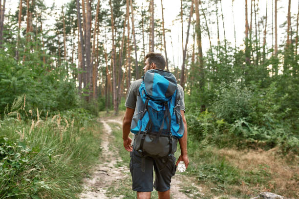 istock Man with tourist backpack trekking alone in summer forest 1320611537