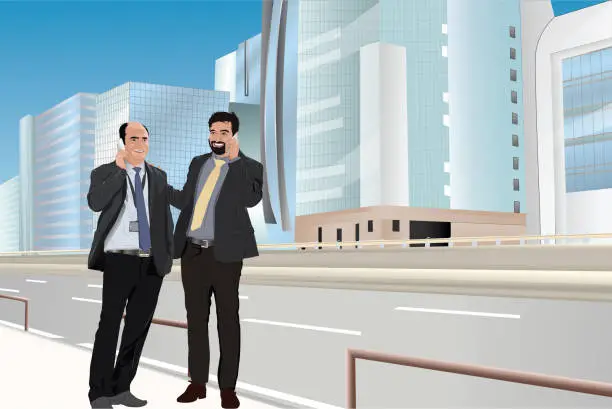 Vector illustration of Two businessmen using mobile phones outdoors