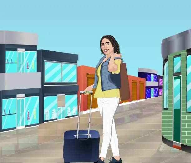 Vector illustration of Happy woman with shopping bag and suitcase at airport