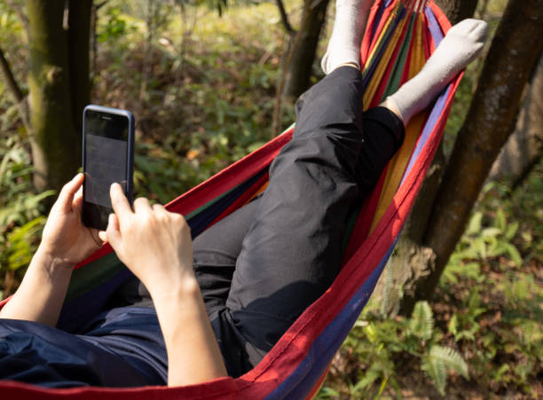 istock People relaxing in hammock hands using smartphone in tropical forest 1320614339