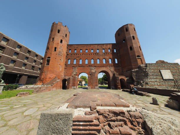 Palatine Gate in Turin Turin, Italy - Circa May 2019: Porta Palatina (Palatine Gate) ruins torri gate stock pictures, royalty-free photos & images