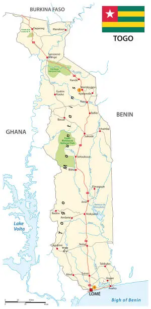 Vector illustration of vector road map of west african state togo with flag