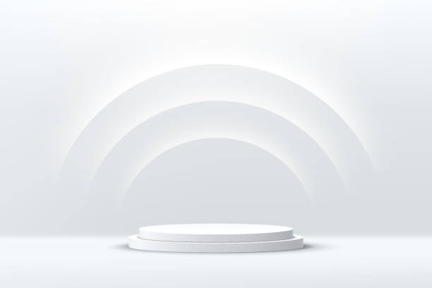 illustrations, cliparts, dessins animés et icônes de podium abstrait de piédestal de cylindre argenté d’éclat. concept blanc de pièce vide de sci-fi avec l’éclairage lumineux de néon de demi-cercle. vector rendering 3d shape, présentation de l’affichage du produit. scène futuriste de mur. - collection