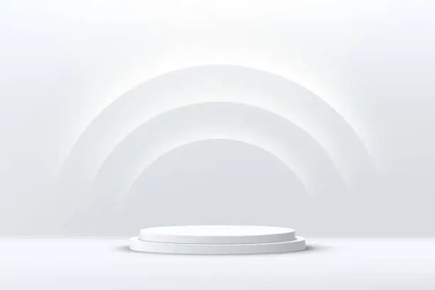 Vector illustration of Abstract shine silver cylinder pedestal podium. Sci-fi white empty room concept with semi circle glowing neon lighting. Vector rendering 3d shape, Product display presentation. Futuristic wall scene.