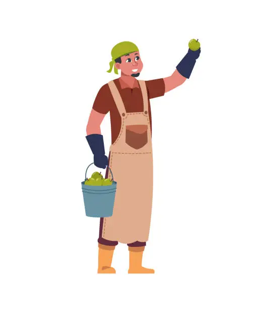 Vector illustration of Agricultural worker harvesting. Gardener picking fruit from tree. Male character with bucket full of crop. Man holding apple in raised hand. Farmer works in orchard. Vector gardening