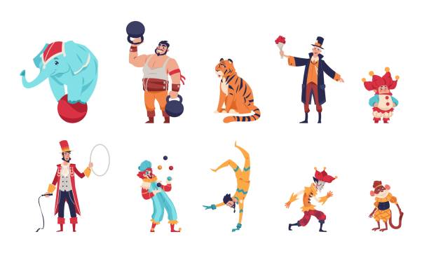 Circus characters. Cartoon clowns. Juggler throws balls. Acrobat and magician shows tricks. Animal trainer with elephant and tiger or funny monkey. Vector cirque performance actors set Circus characters. Cartoon clowns. Cute juggler throws balls. Isolated acrobat and magician shows tricks. Animal trainer with elephant and tiger or funny monkey. Vector cirque performance actors set circus performer stock illustrations