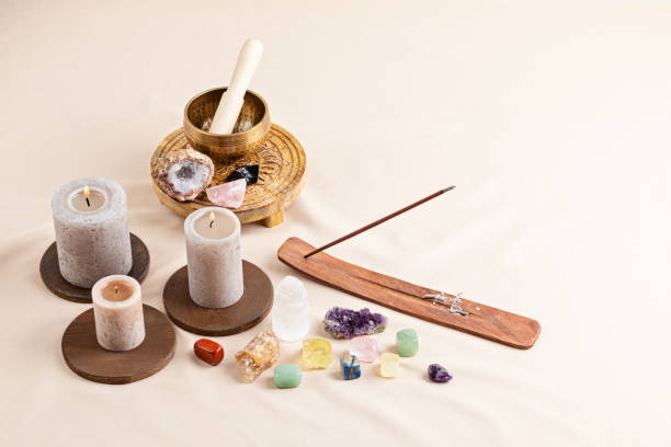 istock Healing chakra crystals therapy. Alternative rituals, gemstones for wellbeing, meditation, destress 1320619275